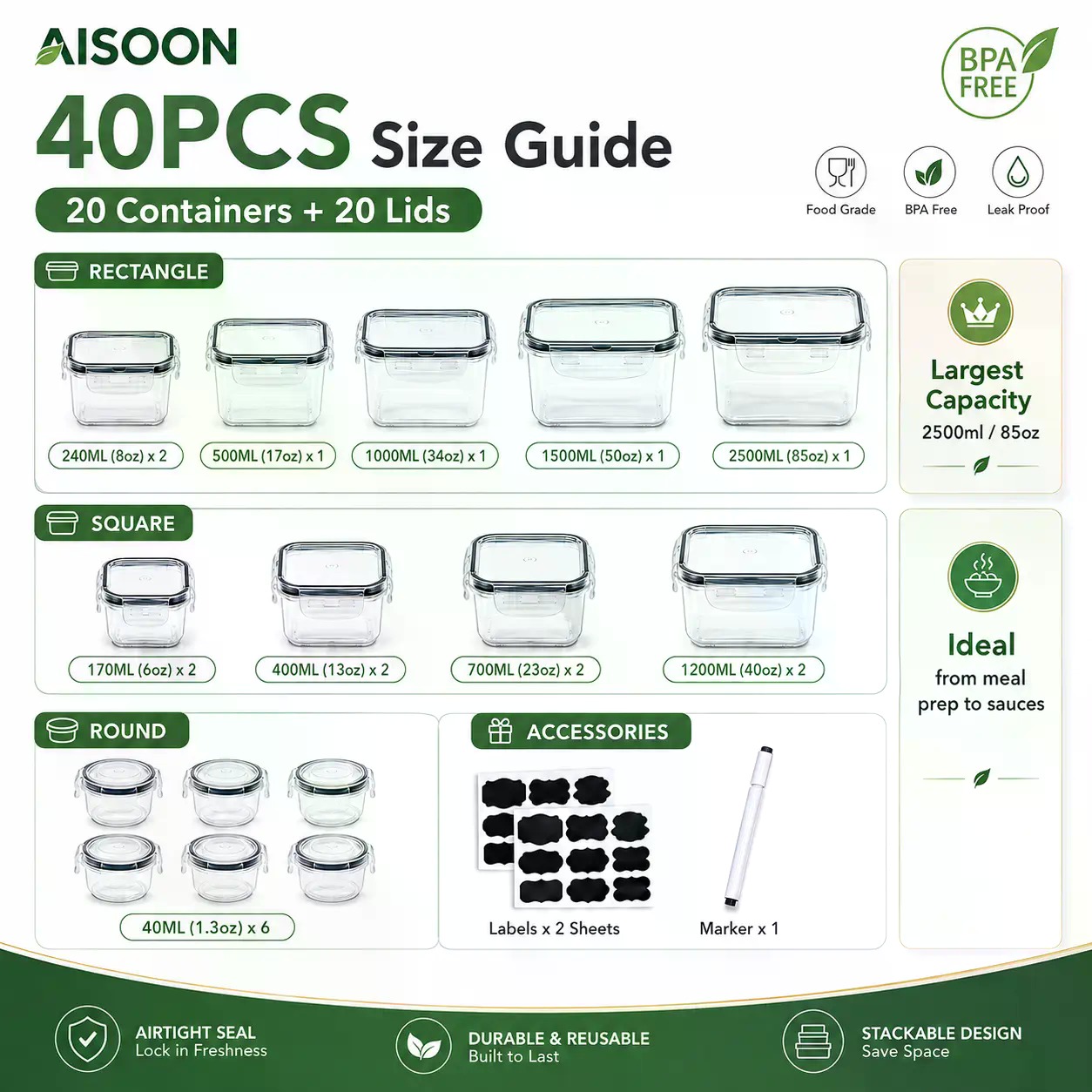 40 PCS Extra Large 85oz Silico - Food Storage Meals recension och pris